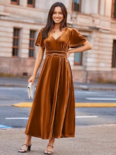 Image of Simplee Women's Velvet Maxi Dress V Neck Short Sleeve Empire Waist Semi Formal Long Cocktail Dresses
