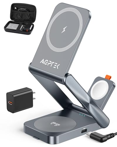 AGPTEK 3 i 1 magnetisk laddningsstation, ultratunn hopfällbar laddare med avtagbar klockladdare, trådlös laddare för iPhone 15/14/13/12-serien, iWatch/AirPods/Galaxy Buds, 18W-kontakt