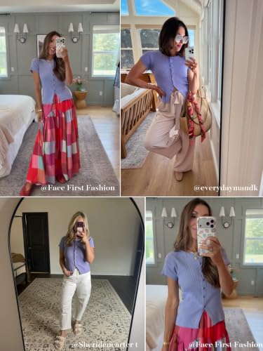 Image of Imily Bela Womens Short Sleeve Y2K Summer Tops Button Down Tshirt Ribbed Knit Slim Fit Sweater Cropped Cardigan