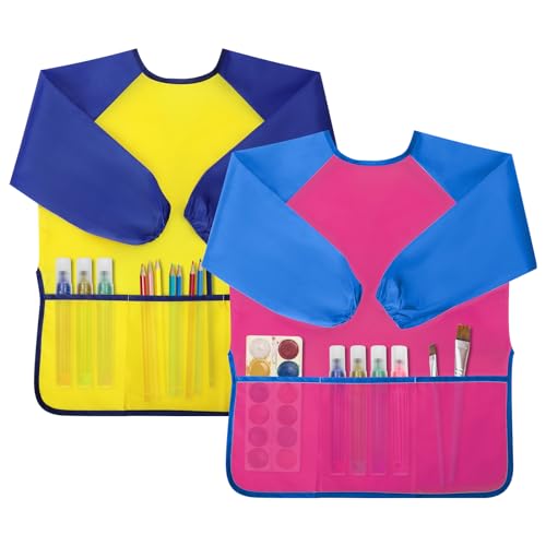 Yeunmu Delantal de pintura para niños, Regalos para niños, 2 unidades, impermeable, bata de arte para niños de 2 a 8 años, con manga larga y 3 bolsillos para pintar, cocinar y hornear