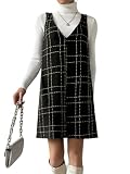 chouyatou Women Elegant A Line Tweed Pinafore Dress V Neck Sleeveless Plaid Mini Short Overall Vest Dress (Large,Black)