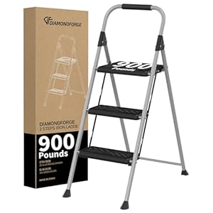 3 Step Ladder, Folding Step Stool with Anti-Slip Wide Pedal, Soft Handle, Anti-Slip Feet, Sturdiest Steel Construction, 900lbs Capacity Steel Ladder for Home and Office, Grey
