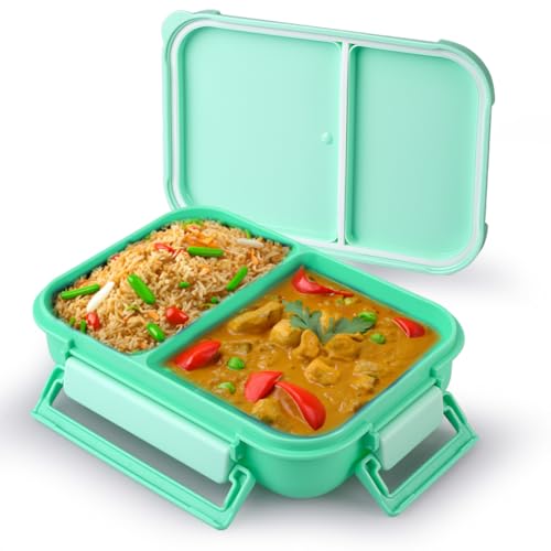 Image of ATTRO Gourmet 2 Compartment Lunch Box Portable Meal Organizer for Office, School BPA-Free, Food Grade, Freezersafe, Microwave & Oven Safe 1200ml Mint Green, Plastic