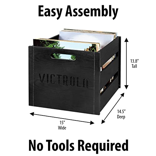 Image of Victrola Wooden Record Crate - Tabletop Vinyl Album Holder, No-Tool Assembly, Holds Over 50 Records, Real Wood Construction, Elegant Design (Black)