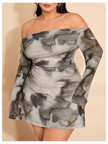 Image of SOLY HUX Women's Plus Size Off The Shoulder Tie Dye Mini Dress Flared Long Sleeve Bodycon Party Dress