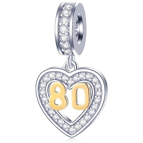 Charms aniversario de 80 años para pulsera abierta de Pandora, Charm numero 80 de oro 18k, Plata esterlina 80th cumpleaños corazón colgante cuentas con CZ, regalos para abuelita/Nana/dia de la madre