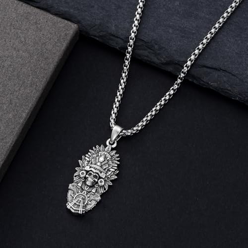 PELOVNY Aztec Jewelry 925 Sterling Silver Skull Necklace Mictlantecuhtli Tezcatlipoca Mexico Necklace Jaguar Warrior Mayan Mexican Jewelry Aztec Gifts for Men Women Unisex4