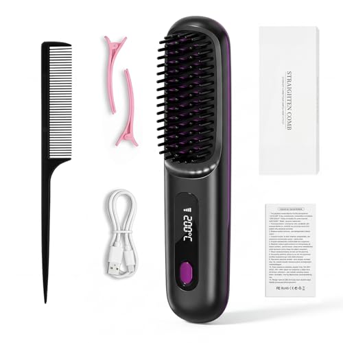 AHYDFSR Brosse Lissante Sans Fil, Mini Lisseur Sans Fil, USB Rechargeable, 3 Heat Settings, Brosse Lissante pour Cheveux, pour Coiffer Les Cheveux en Voyage et...