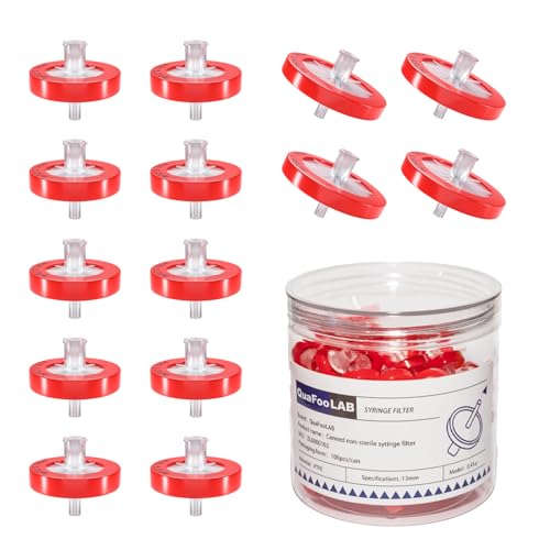 Image of Syringe Filters PTFE Membrane 13mm Diameter 0.45μm Pore Size QuafooLAB Non Sterile Red Pack of 100