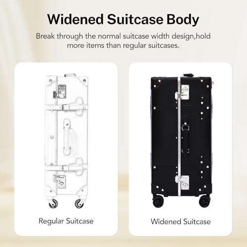 Image of Vintage PU Leather Luggage Set, Retro Trunk Suitcase with Wide Aluminum Frame, TSA Key Locks and Smooth 360 Spinner Wheels (Signature Black,20 inch+12 inch)