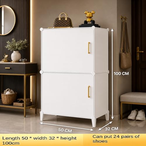Image of Plastic Shoe Rack for Home | 2 Door 6 Shelf DIY Shoe Rack for Home Storage Plastic Box Organizer, Metal Door Frame, Chappal Slipper Sandals Stand (White, 2 Door)