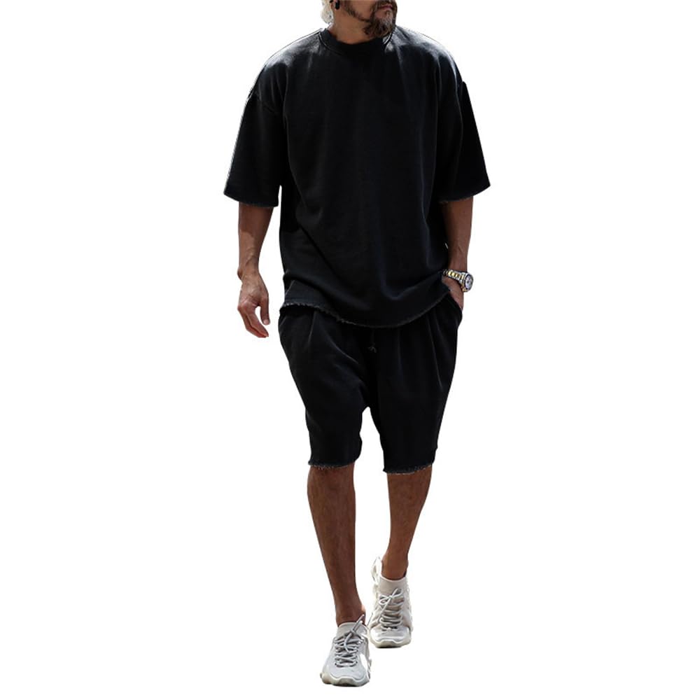 Mens Sports Suit Men Loose Round Neck Casual Shirt Set Mens Daily Wear Summer T-Shirt Set Mens Solid Color Short Sleeve Shorts Two Piece Set A-Black1 L
