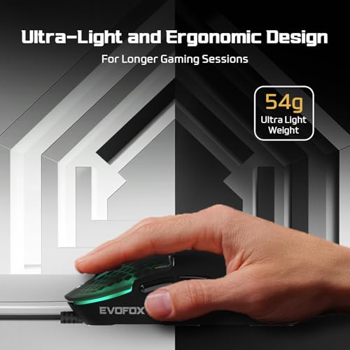 Image of EvoFox Phantom Air Ultra Lightweight Gaming Mouse 54g | Upto 1000Hz Polling Rate, 7000 FPS, 12800 DPI | Honeycomb RGB Lighting | Fully Programmable with Windows Software & On-Board Memory | Black