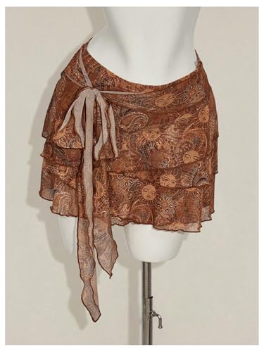 Milumia Women's Boho Printed Ruffle Layered Mini Skirt Tie Knot Low Waist Short Skirts4
