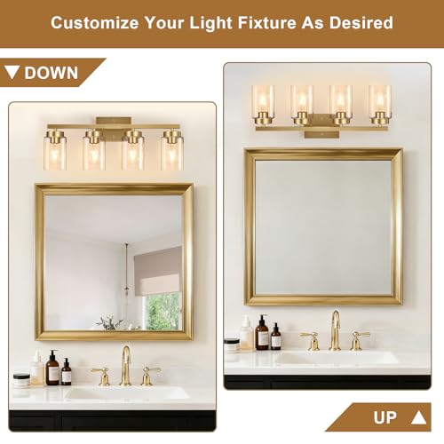 Image of IZORRO Bathroom Light Fixtures, Modern Vanity Lights, Bathroom Lighting Fixtures Over Mirror with Clear Glass Shade, Wall Sconce for Living Room Cabinet Bedroom (Brushed Gold, 4-Light)