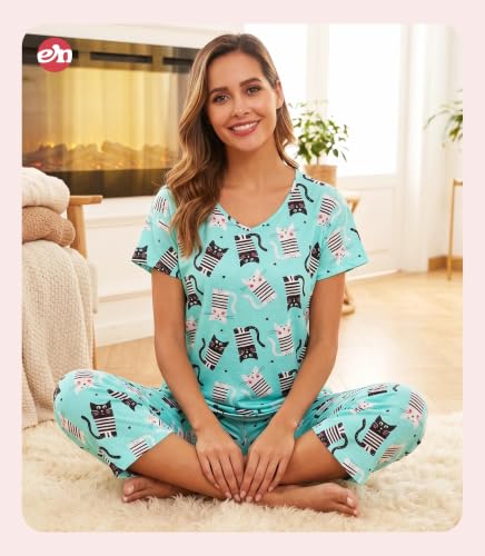 Image of ENJOYNIGHT Womens Pajama Sets Cotton Pj Set Short Sleeve Top With Capri Pants Sleepwear 2 Piece Lounge Set