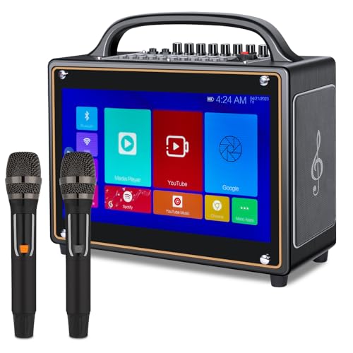 Mjunsoundigi Karaoke Machines with Lyrics Display Screen for Adults,14" HD Touch Android 12 Tablet, Portable Bluetooth Speaker,2 Wireless Mic,DSP,USB/SD/HDMI,Build-in Battery for Home Party(Wooden)