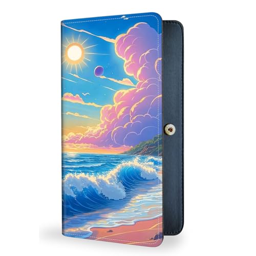 Womens Wallet,RFID Blocking Credit Card Slim Thin Holder,Long Bifold PU Leather Card Organizer,Cash Clutch Billfold Pocket Ladies Minimalist Travel Wallets,Pink Clouds Waves Sun