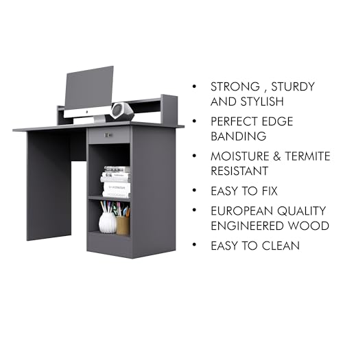 Image of Bniture Wooden Study Table for Home | Engineered Wood Study Table with Book Shelf | Multi Purpose Computer Desk for Study & Writing | Laptop Table for Home with Drawers & Storage Shelf | Slate Grey