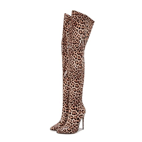 Image of Thigh high boots for women striped Back zipper Burgundy Zebra Print Over the knee Sexy gold white pointed toe Cow Print leopard Magenta stiletto heel