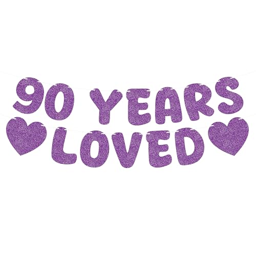 Pre-Strung 90 Years Loved Banner - Deep Purple Glitter Happy 90th Birthday Decorations, 90th Wedding Anniversary Decorations Supplies for Women Men, Photo Booth Props