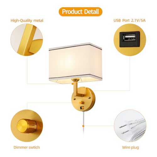 Image of 9.5 inch Wall Sconce with Plug-in Cord, USB Charging Port & Dimmer Switch, White Fabric Rectangular Shade Wall Mounted Lamp for Bedroom, Living Room, Hallway (Gold Finish)