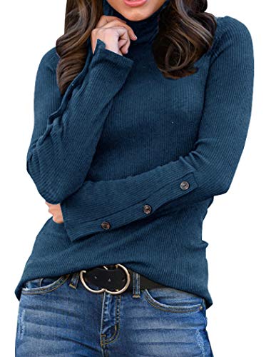 Minthunter Women's Long Sleeve Pullover Casual Turtleneck Tunic Tops Button T Shirts (Medium, Blue)