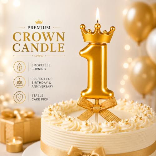 Image of Number 1 Cake Decoration Unscented Wax Candle with Crown for Birthday, Wedding, Engagement, Theme Party, Bachelorette Celebration 1 Pc Gold