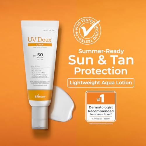 Image of UV Doux D-Tan Aqua Sunscreen Lotion SPF 50 PA++++ | With Niacinamide, Vitamin C, Hyaluronic Acid, Ceramide, Aloe Vera & Vitamin E | Broad Spectrum | Benzene-Free | For Dry & Sensitive Skin | 50 ml