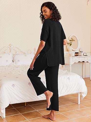Ekouaer Lounge Sets for Women 2 Piece Pullover Sweater Set Knit Tops Wide Leg Pants Sweatsuits Casual Travel Outfits, S-XXL2