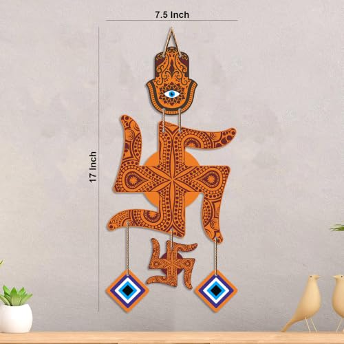 Image of Artvibes Traditional Swastik Wall Hanging with Hamsa Hand & Evil Eye Charms | Wooden Vastu Decor for Home Entrance | Temple | Spiritual Hanging for Prosperity | Protection and Good Luck (WH 85104N)