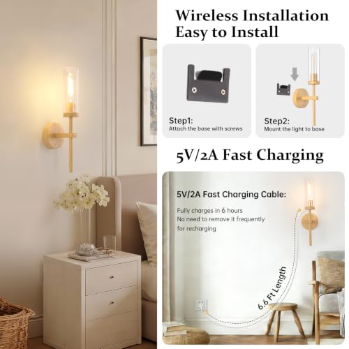 Image of Shenmoyl Battery Operated Wall Sconces Set of 2, Beech Color Rechargeable Wall Lighting Fixtures, Dimmable Wall Lights with Remote & Clear Glass Shade for Living Room, Bathroom,Bedroom