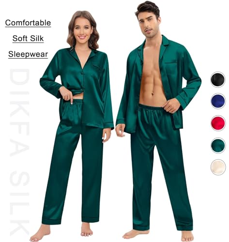 DIKFA Silk Satin Pajamas Set for Couple Matching PJS Women Men 2 Piece Button Down Loungewear Sleepwear Long Sleeve Pjs Set2