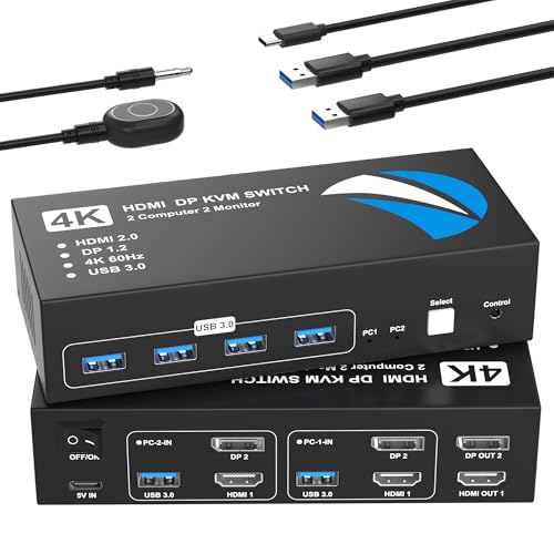 Image of HDMI DisplayPort KVM Switch 2 Monitors 2 Computers, 4K@60Hz Dual Monitor KVM Switches HDMI DisplayPort for 2 Computers Share 2 Monitors and 4 USB Devices for Keybord Mouse Printer Hard Drive