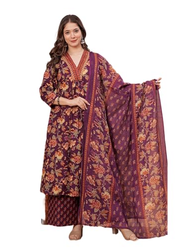 MEERA FAB Women's Cotton Blend V-Neck Plus Size Kurta Printed Kurta with Palazzo & Dupatta Set