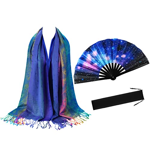 Qunclay 2 Pcs UV Glow Large Rave Hand Fan Jacquard Scarf Shawl Pashmina for Women Party Dance on Festivals