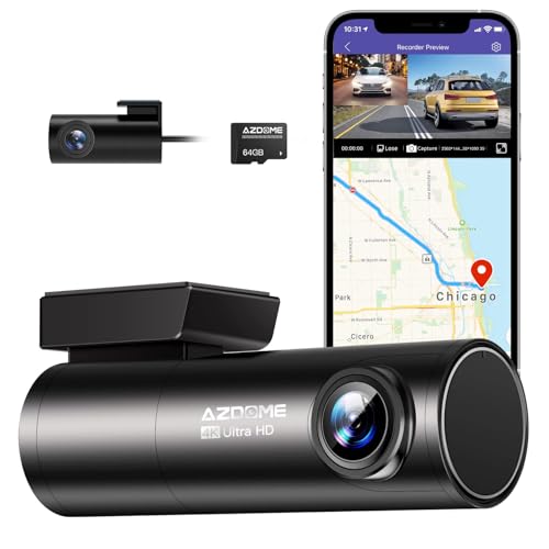 AZDOME Dashcam Vorne Hinten 4K +1080P,5GHz WiFi, GPS, Englische Sprachsteuerung, Super Nachtsicht, WDR, Loop-Aufnahme, G-Sensor, Parküberwachung 64G Micro SD-Karte