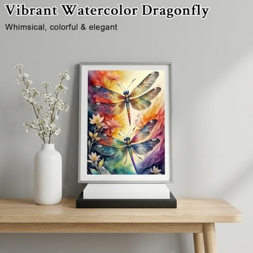 Image of HASTHIP DIY Diamond Painting Kit, Colorful Dragonfly DIY Diamond Art Canvas with Resin Rhinestones, Watercolor Floral Full Drill Craft Set, Sparkling Wall Decor Handmade Gift Kit, 40x30cm, No Frame