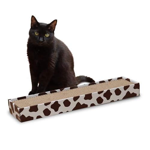 Croci Tiragraffi per gatti in cartone, 2 strati riversibili, con piedini antiscivolo, inclusa busta di erba gatta, stile Mucca, 48 x 12,5 x 5 cm
