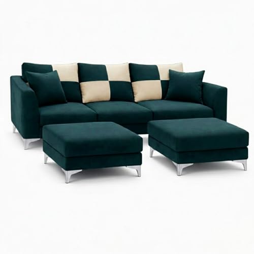 Image of Romiro 5 Seater L Shape Sofa Set with 2 Movable Ottomans | Flexible Layout | Rich Velvet Suede Fabric | Silver Legs | Modern Sofa for Living Room (Green Teal)