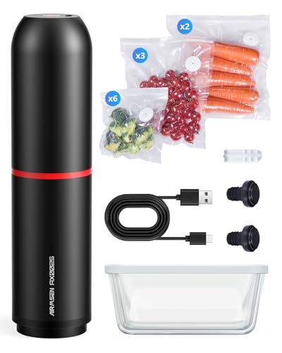 AIRMSEN Handheld Vacuum Sealer with 1.4L Glass Vacuum Container and 11 PCS Reusable Sous Vide Bags, Compact Vacuum Sealer Machine for Food Storage