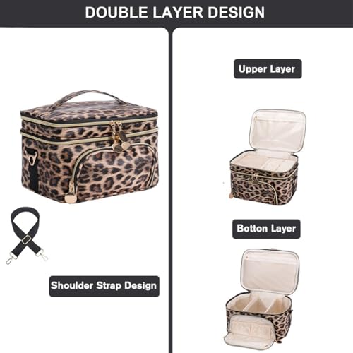 FITINI Double Layer Travel Leopard Makeup Bag,Extra Large Women Cosmetic Organizer Case,Skin Care Essentials Toiletries Bags with Shoulder Strap Waterproof Brush Storage with Removable Dividers3