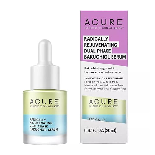 Acure Radically Rejuvenating Dual Phase Bakuchiol Serum - Anti-Aging & Soothing Skin Support - All Natural Made with Eggplant, Turmeric & Bakuchiol - Vegan Skin Care, Hydrates & Defends - 0.67 oz