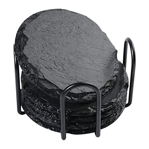 Set of 6 Slate Coasters for Drinks with Metal Holder Stand Natural Stone Cups Place Mats for Home Decor Round Black Cover