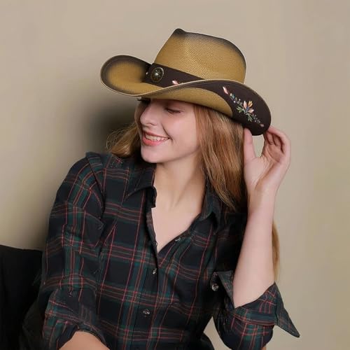 Image of Cowboy Hats for Women, Brown Cowgirl Hats Classic Straw Western Hats for Women Music Festival Party Beach.
