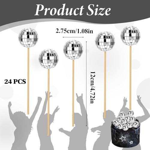 Giantree 24 Stück Discokugel Tortendeko, Disco Cupcake Toppers Discokugel Kuchen Toppers Disco Deko Silberne Spiegelkugel Mini Disco Kugeln Toppers für Disco-Thema Party Zubehör