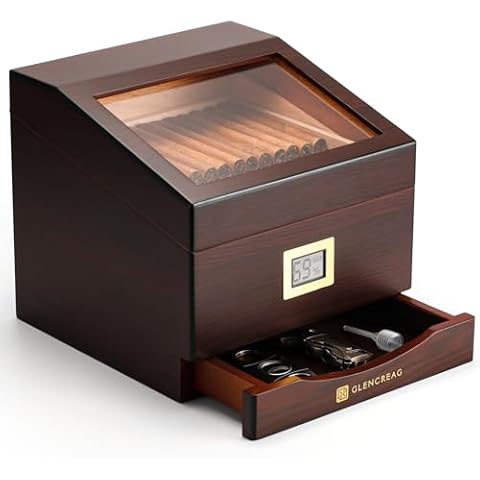GLENCREAG FT-2042 Cigar Humidor Box for 85 Counts, See-Through Design with Spanish Cedar Lining & Divider, Digital Hygrometer, Accessory Drawer & Humidifier, Gift for Cigar Lover Cover