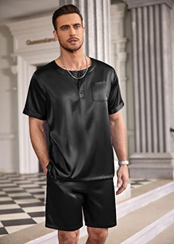 Ekouaer Men Silk Pajamas Set 2 Piece Pjs Soft Satin Sleepwear Shorts Button Down Tops Loungewear with Pockets2