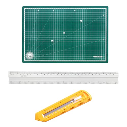 Image of Isomars A3 Self-Healing Cutting Mat with 12 Inch Aluminium Scale & Jumbo Paper Cutter | Precision Cutting Kit for Paper Craft, Artwork, Office, School & DIY Projects