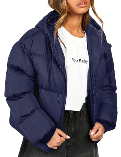 Yimoon Women's Cropped Puffer Jacket Long Sleeve Lightweight Hooded Quilted Jacket Winter Warm Outwear with Pockets(Navy-S)